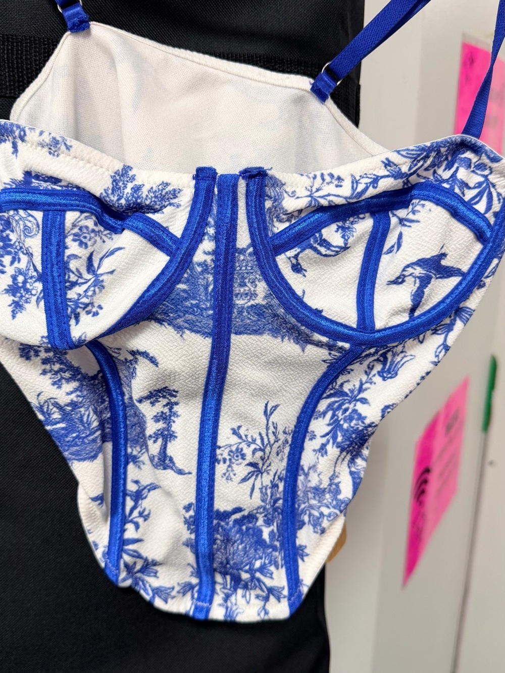 SHEIN Blue & White Toile Crop Bustier Top